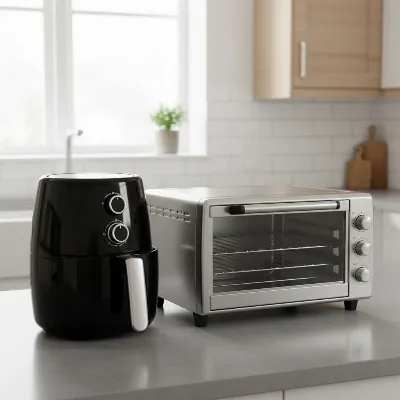 An air fryer and a toaster oven side-by-side on a clean kitchen counter, highlighting their different designs.
