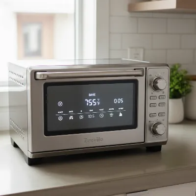 Sleek Breville Smart Oven on a modern kitchen counter with Element IQ display, showcasing its advanced design and digital controls.