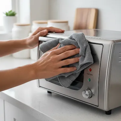 A person gently wiping the stainless steel exterior of a toaster oven with a soft microfiber cloth