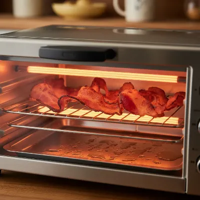 Cooking greasy food in a toaster oven with a drip tray, showing good practice to prevent smoking.