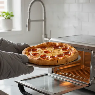 A perfectly baked toaster oven pizza with a visibly crispy crust being removed from the oven