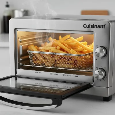 A Cuisinart Air Fryer Toaster Oven with crispy french fries in its basket, highlighting its strong air frying performance.