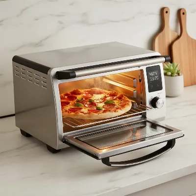 Hamilton Beach Easy Reach Toaster Oven 2026 with its unique roll-top door open, showcasing easy access to food.