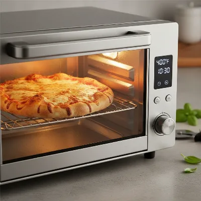 A personal-sized pizza baking inside a toaster oven, with melted cheese and a golden crust