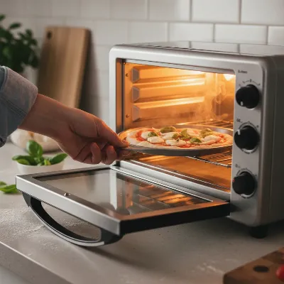 A hand placing a small pizza pan into a preheated toaster oven, with visible heat shimmering