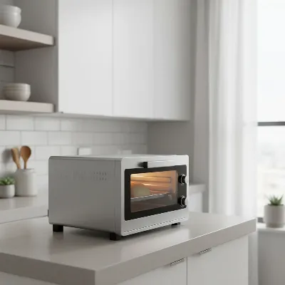 A sleek, compact toaster oven with a low-profile design sitting quietly on a modern apartment kitchen counter, with soft, natural light filtering in, illustrating modern kitchen appliance efficiency and tranquility.