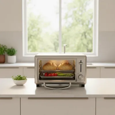 A sleek stainless steel toaster oven prominently displayed on a modern kitchen counter with various food items ready to be cooked