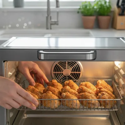 A person placing food into an air fryer toaster oven, illustrating proper usage and care.