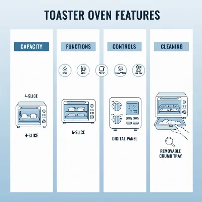 Various toaster oven features laid out for comparison, highlighting different functionalities.