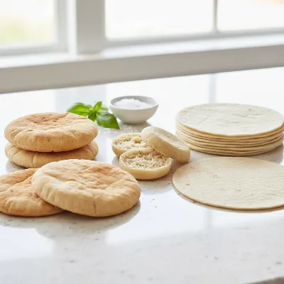 An assortment of alternative pizza bases like pita bread, English muffins, and tortillas laid out on a kitchen counter