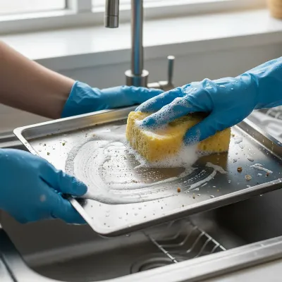 Hands cleaning a removable crumb tray from a convection toaster oven with a sponge.