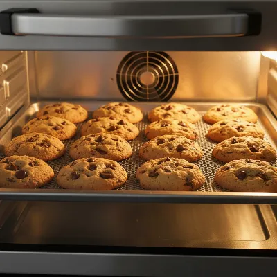 Close-up of golden-brown cookies baking inside a convection toaster oven, with warm light.