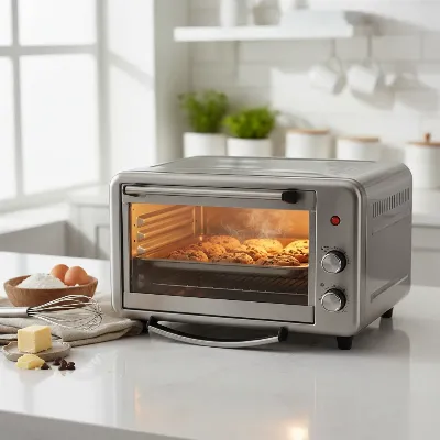 A modern convection toaster oven on a clean kitchen countertop with baking ingredients beside it.