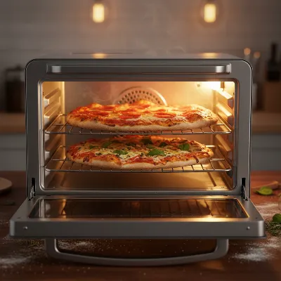 A Ninja Foodi Digital Air Fry Oven cooking two pizzas simultaneously on two levels, demonstrating its large capacity and even cooking.