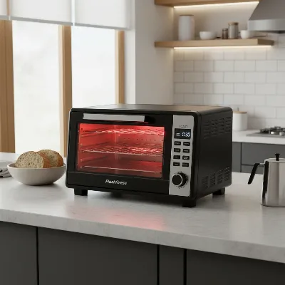 A sleek Panasonic FlashXpress Toaster Oven on a modern kitchen counter, emitting a subtle red glow from its infrared heaters, with focus on its compact size and efficient operation.